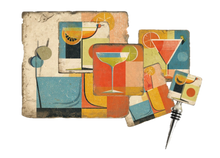 Load image into Gallery viewer, Wine bottle stopper, trivet and coasters with colorful cocktail design on a textured background