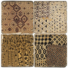 Load image into Gallery viewer, Set of four coasters with geometric patterns in brown, beige, and black.