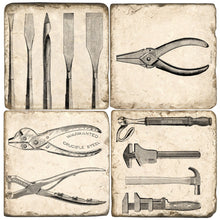 Load image into Gallery viewer, Set of four stone coasters with black and white tool illustration on a textured beige background.