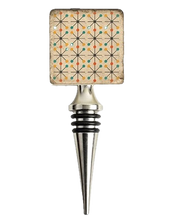 Load image into Gallery viewer, Wine bottle stopper with atomic starburst patterned cap on a white background