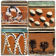Load image into Gallery viewer, Set of four coasters with mochaware designs on in shades of turquoise, black and white on cocoa brown background.
