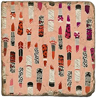 Load image into Gallery viewer, Lipstick pattern on pink background cork back trivet.