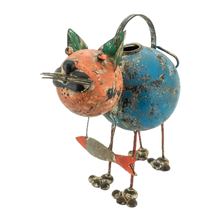 Load image into Gallery viewer, Standing cat watering can with blue body, red head and fish around neck.