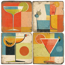 Load image into Gallery viewer, Four abstract coasters with colorful drink illustrations on a textured surface.