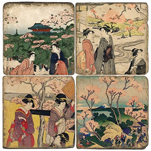 Load image into Gallery viewer, Set of four Japanese-style coasters with traditional scenes and people.