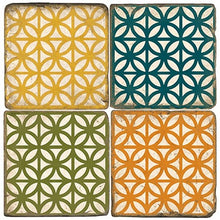 Load image into Gallery viewer, Four square tiles with geometric pattern in yellow, blue, green, and orange on a white background.