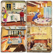 Load image into Gallery viewer, Set of four vintage-style kitchen and dining scene coasters.