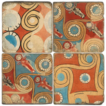 Load image into Gallery viewer, Set of four decorative coasters with geometric patterns and animal illustrations in shades of rust, gold, turquoise and beige.