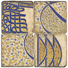 Load image into Gallery viewer, Set of four decorative coasters with intricate blue and gold patterns.