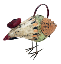 Load image into Gallery viewer, Metal rooster watering can in shades of ivory, green and peach with burgundy accents.