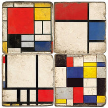 Load image into Gallery viewer, Set of four square coasters with abstract geometric design inspired by Piet Mondrian.