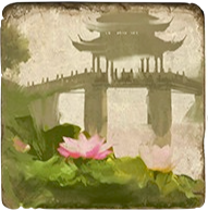 Load image into Gallery viewer, Decorative cork back trivet with a pagoda and lotus flowers on a textured background
