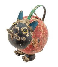 Load image into Gallery viewer, Vintage-style crouching cat-shaped watering can with a red body and black face.