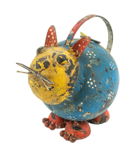 Load image into Gallery viewer, Vintage-style crouching cat-shaped watering can with a blue body and yellow face.