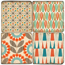 Load image into Gallery viewer, Four square coasters with geometric patterns in orange, green, and blue on a white background.