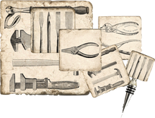 Load image into Gallery viewer, Trivet and coaster set of vintage-style tool illustrations on a textured background with a wine bottle stopper.