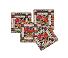 Load image into Gallery viewer, Set of four floral-patterned coasters with purple, yellow, orange and red on navy and ivory background.