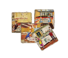 Load image into Gallery viewer, Set of four coasters with vintage-style kitchen and dinings scenes.