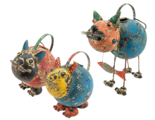Load image into Gallery viewer, Colorful metal cat-shaped watering cans on a white background.