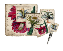 Load image into Gallery viewer, Set of decorative coasters with floral designs, matching bottle stopper and trivet on a white background.