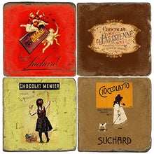 Load image into Gallery viewer, Set of four coasters with  vintage-style chocolate packaging designs.
