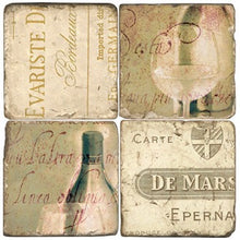 Load image into Gallery viewer, Set of four decorative coaster with vintage-style text and wine themes graphics on a beige background
