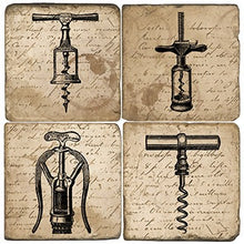 Load image into Gallery viewer, Set of four cork screw coasters with vintage design on a beige background

