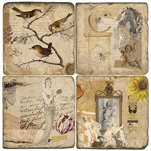 Load image into Gallery viewer, Set of four decorative coasters with vintage-style ephemera illustrations on a textured background.
