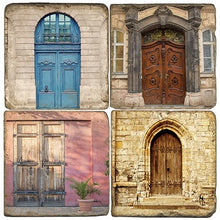 Load image into Gallery viewer, Set of four coasters with different images of vintage doors on a textured background.
