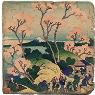 Load image into Gallery viewer, Cork back trivet with traditional Japanese artwork of a landscape with trees, mountains, and people.
