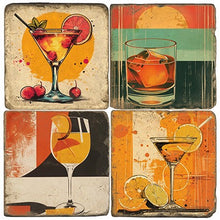 Load image into Gallery viewer, Set of four decorative coasters with cocktail illustrations in shades of gold and orange on a textured background.
