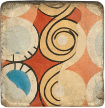 Load image into Gallery viewer, Cork back trivet with geometric shapes and patterns in shades of rust, gold, turquoise and ivory on a textured surface.
