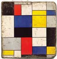 Load image into Gallery viewer, Mondrian inspired cork back trivet with a grid of colored squares in black, blue, red, and yellow.
