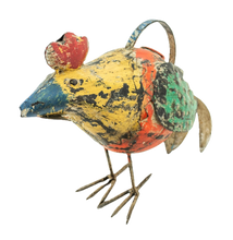 Load image into Gallery viewer, Metal rooster watering can in shades of yellow, orange blue and green with red accents.
