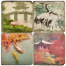 Load image into Gallery viewer, Set of four square cork back coasters with Japanese-themed artwork including a pagoda, cranes, koi fish, and cherry blossoms.
