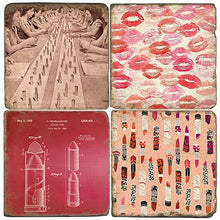 Load image into Gallery viewer, Set of four coasters with vintage-style lipstick related designs.

