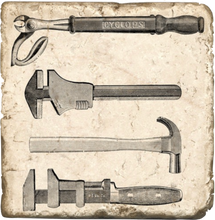 Load image into Gallery viewer, Illustration of set of vintage tools including a wrench, pliers, and hammer on a textured background trivet with cork back.
