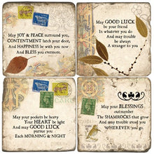 Load image into Gallery viewer, Set of four decorative coaster with Irish blessings and vintage-style illustrations.
