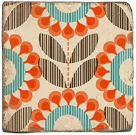 Load image into Gallery viewer, Retro daisy inspired pattern cork back trivet with orange and blue design on a beige background
