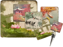 Load image into Gallery viewer, Set of decorative coasters with nature and animal designs on a textured surface, bottle stopper and trivet.

