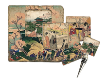 Load image into Gallery viewer, Set of coasters, cork back trivet and bottle stopper with traditional Japanese-style landscape design.
