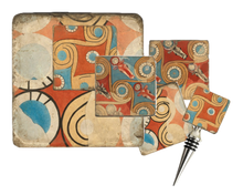Load image into Gallery viewer, Decorative coasters, cork back trivet and bottle stopper with a geometric pattern in shades of terra cotta, turquoise and beige.
