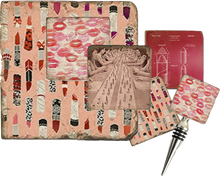 Load image into Gallery viewer, Set of four coasters, cork back trivet and bottle stopper with decorative lip print patterns.
