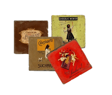 Load image into Gallery viewer, Set of four coaster with vintage chocolate label designs.
