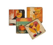 Load image into Gallery viewer, Set of four decorative coasters with cocktail-themed designs in shades of orange and gold.
