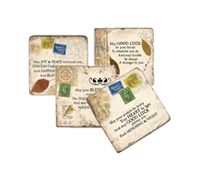 Load image into Gallery viewer, Set of four decorative coasters with vintage design and traditional Irish blessings on a white background.
