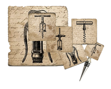 Load image into Gallery viewer, Set of coasters, cork back trivet and bottle stopper with vintage corkscrew designs on a textured background.
