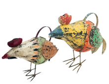 Load image into Gallery viewer, Two colorful metal rooster watering cans. 
