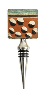 Load image into Gallery viewer, Wine bottle stopper with black and white dot design on cocoa brown background with turquoise accent.
