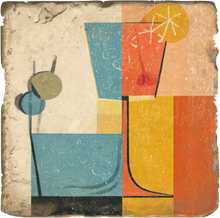 Load image into Gallery viewer, Cork back trivet with abstract illustration of a cocktail with a blue glass, orange slice, and cherry on a textured background.
